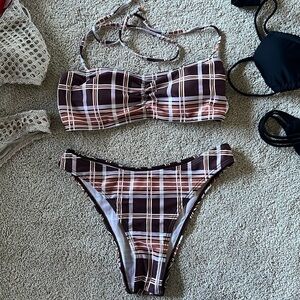 size xs brown and orange plaid bikini set with adjustable straps